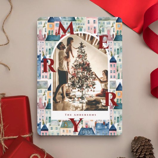 メリークリスマス 赤い水彩の家のアーチ写真   シーズンカード