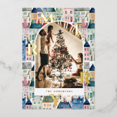メリークリスマス 赤い水彩の家のアーチ写真 箔シーズンカード (正面)