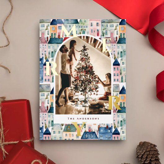 メリークリスマス 赤い水彩の家のアーチ写真 箔シーズンカード