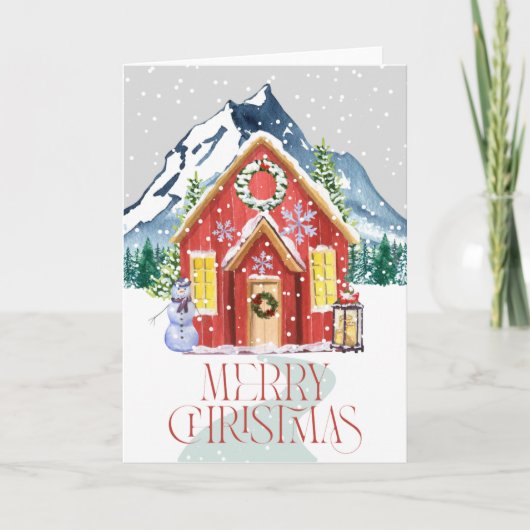 メリークリスマス 赤い田舎家 山の雪 シーズンカード (正面)