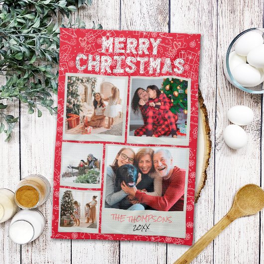 メリークリスマス 赤い落書き 5枚の写真 ファミリーギフト キッチンタオル