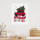 メリークリスマス 赤い車 ツリー クリスマスの休日 イブ ポスター (キッチン)