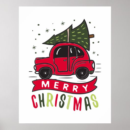 メリークリスマス 赤い車 ツリー クリスマスの休日 イブ ポスター (正面)