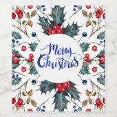 メリークリスマス – 赤い青のホリーベリーパターン ワインラベル (シングルラベル)