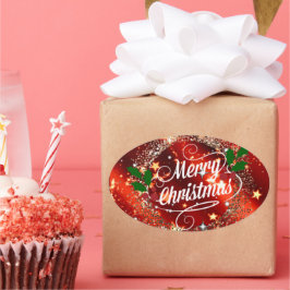 メリークリスマス、赤きらめくと金ゴールドデザイン 楕円形シール