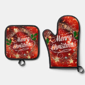 メリークリスマス、赤きらめくと金ゴールドデザイン 鍋つかみ&鍋敷きセット (正面)