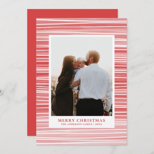 メリークリスマス.赤とピンクモダンストライプの シーズンカード (正面/裏面)