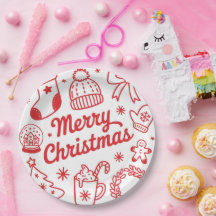 メリークリスマス 赤と白のホリデー紙皿