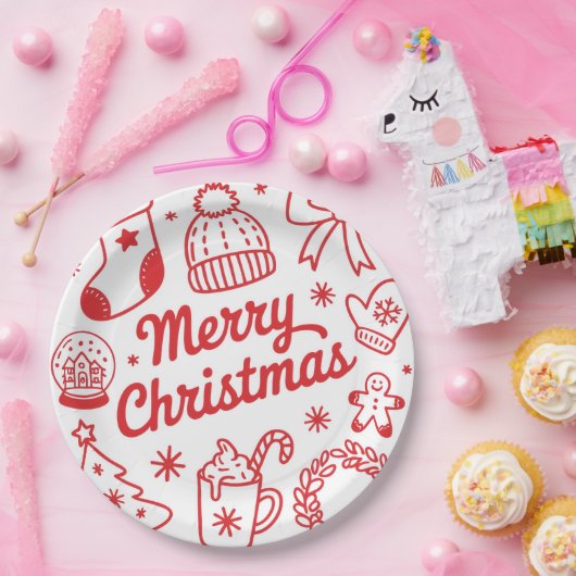 メリークリスマス 赤と白のホリデー紙皿 ペーパープレート (パーティー)