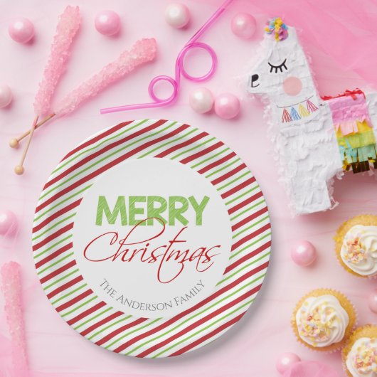 メリークリスマス |赤と緑のストライプ ペーパープレート (パーティー)