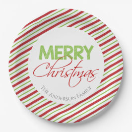メリークリスマス |赤と緑のストライプ ペーパープレート