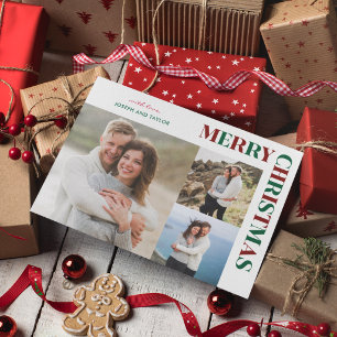 メリークリスマス 赤と緑のタイポグラフィ 3枚の写真 シーズンカード
