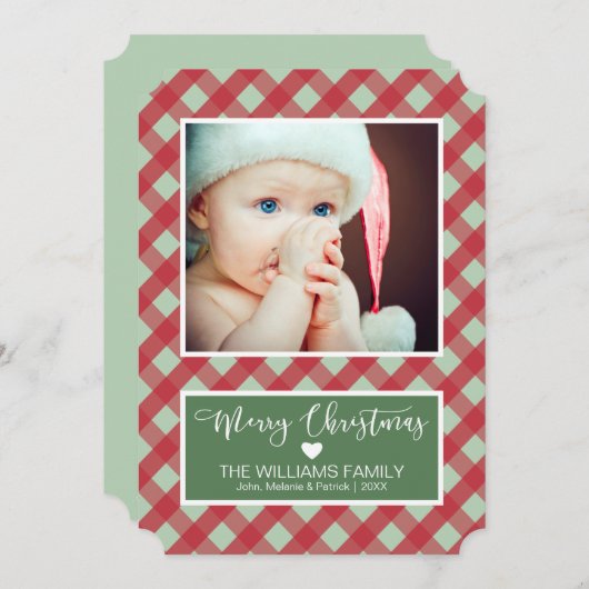 メリークリスマス – 赤と緑の格子模様の写真 シーズンカード (正面/裏面)