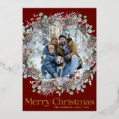 メリークリスマス 赤と金 家族写真 箔シーズンカード (正面)