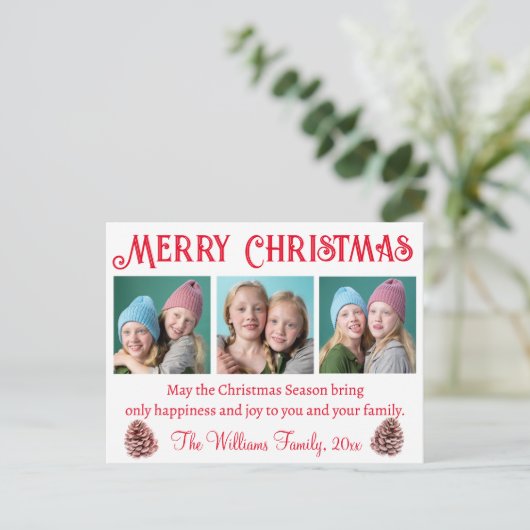 メリークリスマス，赤タイポグラフィ3枚コラージュ ポストカード (スタンド正面)