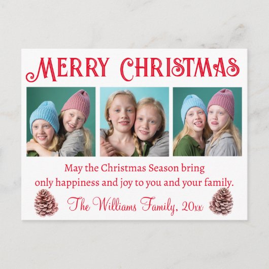 メリークリスマス，赤タイポグラフィ3枚コラージュ ポストカード (正面)