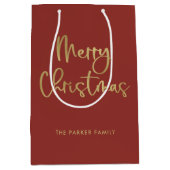 メリークリスマス |赤フェイクいスクリプトのカジュアル金ゴールド ミディアムペーパーバッグ (正面)