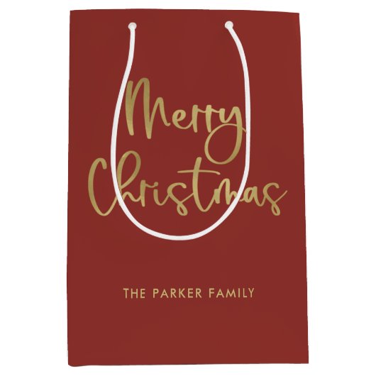 メリークリスマス |赤フェイクいスクリプトのカジュアル金ゴールド ミディアムペーパーバッグ (正面)