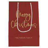 メリークリスマス |赤フェイクいスクリプトのカジュアル金ゴールド ミディアムペーパーバッグ (裏面)