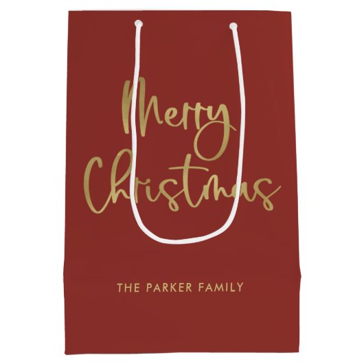 メリークリスマス |赤フェイクいスクリプトのカジュアル金ゴールド ミディアムペーパーバッグ (裏面)