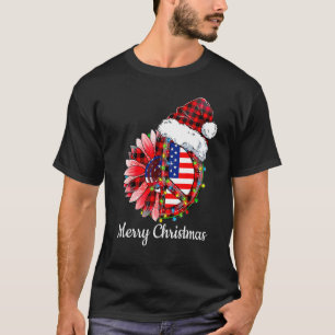 メリークリスマス 赤格子 平和のサイン ライト アメリカ国旗 フラッグ Tシャツ