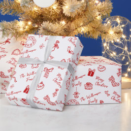 メリークリスマス 赤 手描き ドゥードル 名前入り ラッピングペーパー