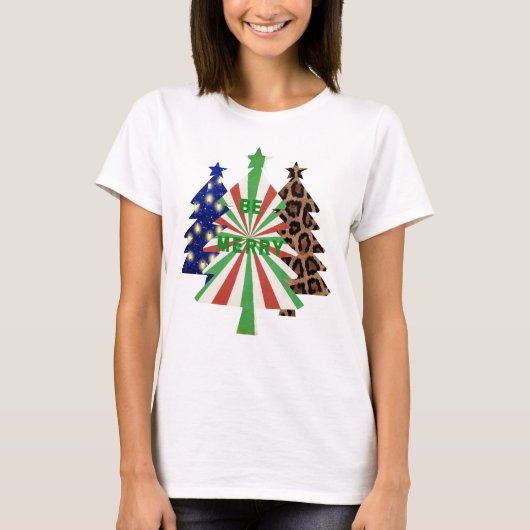 メリークリスマス 赤 緑 ヒョウ柄 ブルー Tシャツ (正面)