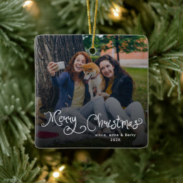 メリークリスマス 遊び心のあるスクリプト ファミリーフォト 犬 セラミックオーナメント