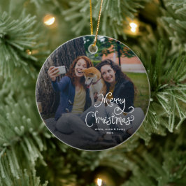 メリークリスマス 遊び心のあるスクリプト ファミリーフォト 犬 セラミックオーナメント