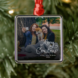 メリークリスマス 遊び心のあるスクリプト ファミリーフォト 犬 メタルオーナメント