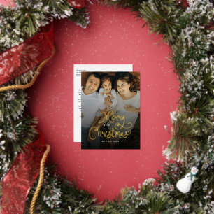 メリークリスマス 遊び心のあるスクリプト ファミリー 写真 箔シーズンポストカード