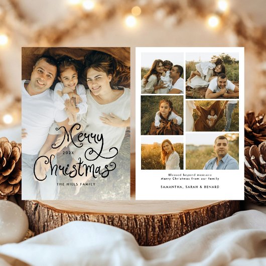メリークリスマス 遊び心のあるスクリプト 家族7枚の写真 シーズンカード