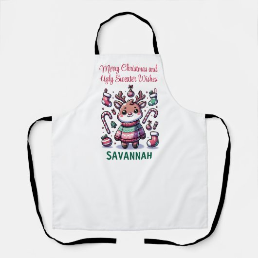 メリークリスマス&醜いセーターがトナカイを願う エプロン (正面)