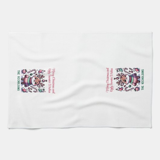 メリークリスマス&醜いセーターがトナカイを願う キッチンタオル (横)