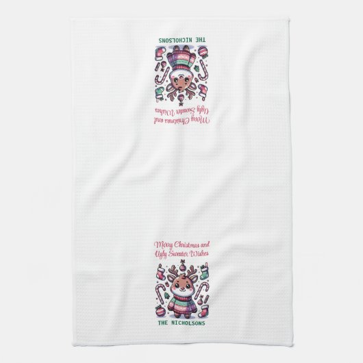 メリークリスマス&醜いセーターがトナカイを願う キッチンタオル (縦)
