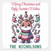 メリークリスマス&醜いセーターがトナカイを願う スクエアシール (正面)