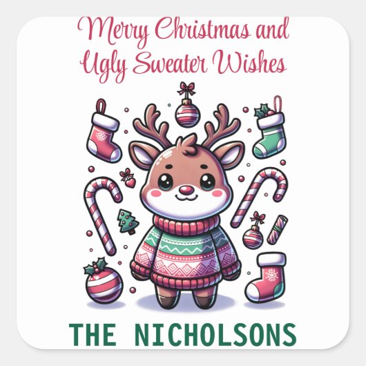 メリークリスマス&醜いセーターがトナカイを願う スクエアシール (正面)