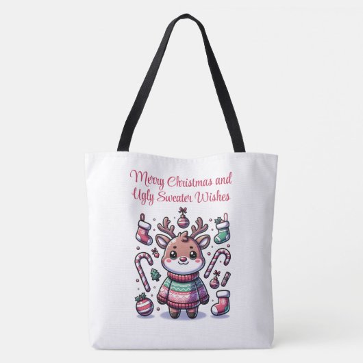 メリークリスマス&醜いセーターがトナカイを願う トートバッグ (裏面)