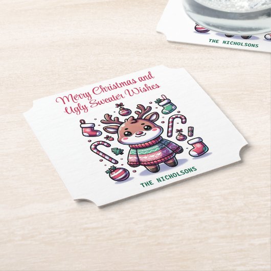 メリークリスマス&醜いセーターがトナカイを願う ペーパーコースター (アングル)