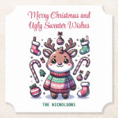 メリークリスマス&醜いセーターがトナカイを願う ペーパーコースター (正面)