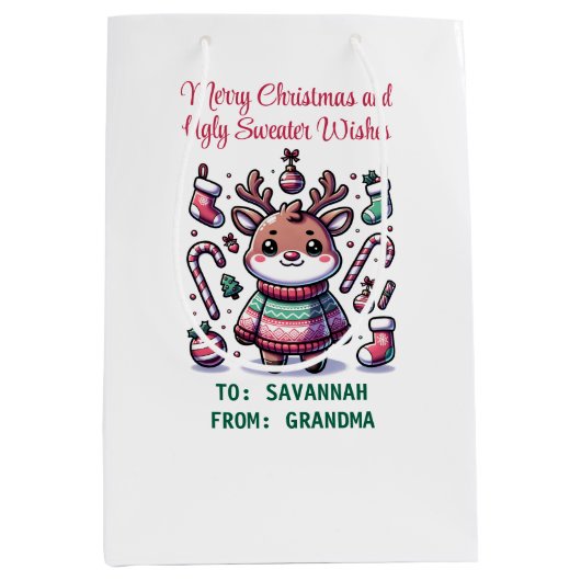 メリークリスマス&醜いセーターがトナカイを願う ミディアムペーパーバッグ (正面)