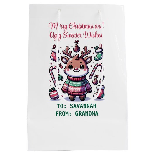 メリークリスマス&醜いセーターがトナカイを願う ミディアムペーパーバッグ (裏面)