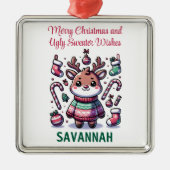 メリークリスマス&醜いセーターがトナカイを願う メタルオーナメント (正面)