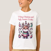 メリークリスマス&醜いセーターがトナカイを願う Tシャツ (正面)