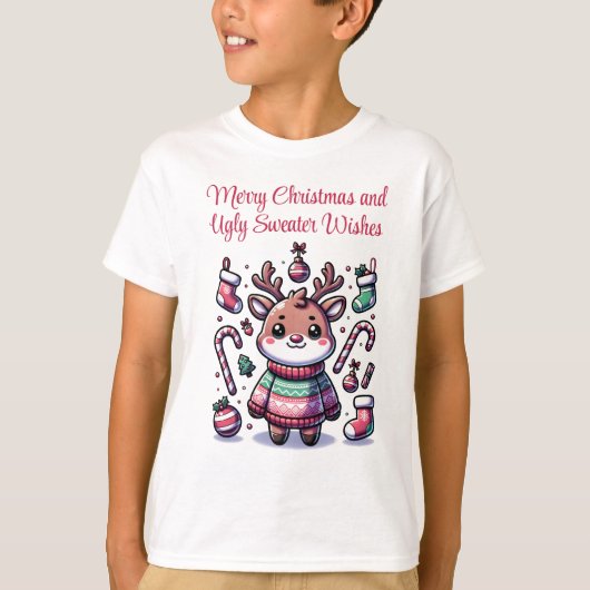 メリークリスマス&醜いセーターがトナカイを願う Tシャツ (正面)