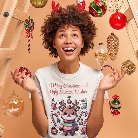 メリークリスマス&醜いセーターがトナカイを願う Tシャツ