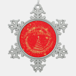 「メリークリスマス」金ゴールドと赤いきらびやかなオーナメント スノーフレークピューターオーナメント