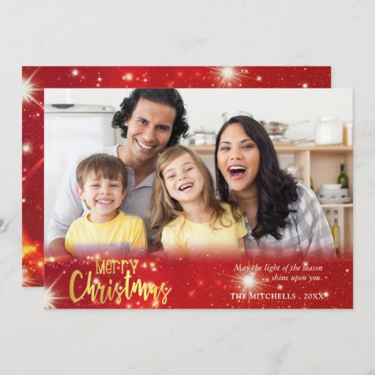 メリークリスマス、金ゴールドと赤の白いライト シーズンカード (正面/裏面)