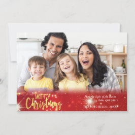 メリークリスマス、金ゴールドと赤の白いライト シーズンカード