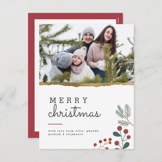 メリークリスマス |金ゴールドの取り込みとフェスティバルのスプリグ写真 シーズンポストカード (正面/裏面)